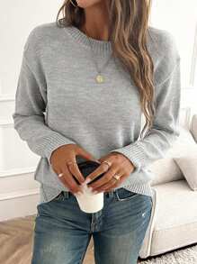 Nieuw design damesmode minimalistische ronde hals drop schouder lange mouw trui