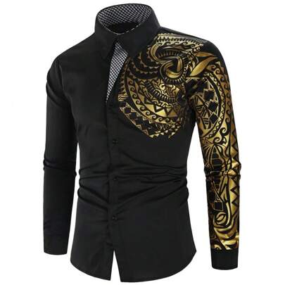 Camisa De Hombre De Manga Larga Con Estampado Dorado