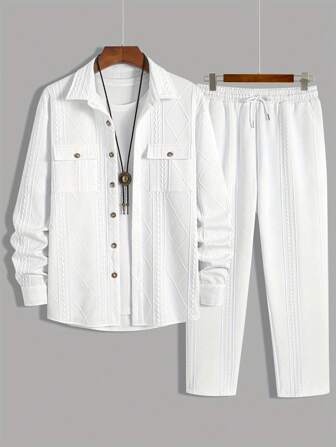 Modernt herrset med 2 delar, stickad elastisk geometrisk jacquard, mjukt material, krage, knappar, långärmad skjorta och sneda fickor, dragskodesign, lämplig för vardaglig pendling, gatu, vårset, höstkläder, mysiga outfits