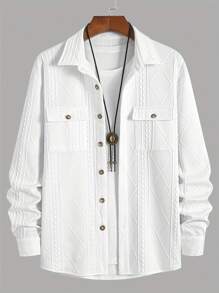 时尚男士休闲两件套，针织弹力几何提花柔软材质领扣长袖衬衫和斜口袋抽绳设计裤子，适合休闲日常通勤街头春季套装、秋季服装、舒适服装 - 白色 - 查看 5