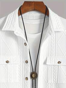 时尚男士休闲两件套，针织弹力几何提花柔软材质领扣长袖衬衫和斜口袋抽绳设计裤子，适合休闲日常通勤街头春季套装、秋季服装、舒适服装 - 白色 - 查看 3