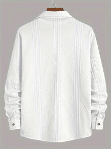 时尚男士休闲两件套，针织弹力几何提花柔软材质领扣长袖衬衫和斜口袋抽绳设计裤子，适合休闲日常通勤街头春季套装、秋季服装、舒适服装 - 白色 - 查看 6