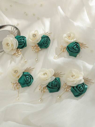 6pcs Metal & Rhinestone European Style Brooch Set, Suitable For Groom, Bride, Wedding Decor, Formal Events, Party. Valentine's Day Accessories