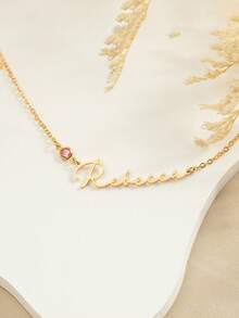 定制诞生石项链，带有 12 个月的草书英文名称，不锈钢女士项链，最佳生日/母亲节礼物 - 金色 - 查看 4