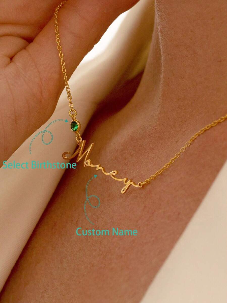 定制诞生石项链，带有 12 个月的草书英文名称，不锈钢女士项链，最佳生日/母亲节礼物 - 金色 - 查看 1