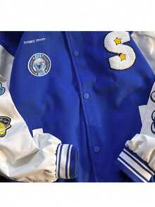 Men's Baseball Jacket Mixed And Leather Jacket Loose Fit Unisex American Style Outwear - Blue - View 4