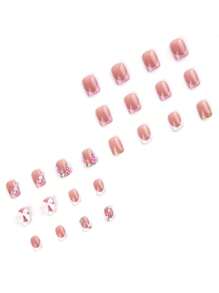Sanrio Add A Touch Of Romance With 24pcs Short Square Classic Simple French Style Pink Bow-Knot Faux Pearl Decot And Elegant 3D Floral Rhinestone Decor Full Cover Fake Press On Nail Kit Will Give Your Look A Sweet Lovely Suitable For Daily Spring Dating Press On Nails