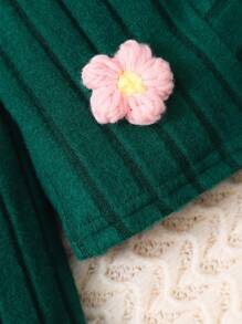 3pcs/Set Young Girl Solid Ribbed Camisole Top, Flared Pants, Long Sleeve Floral Cardigan Set - Dark Green - View 5