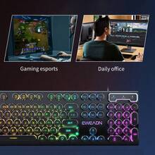 Teclado de juego con estilo de máquina de escribir EWEADN, 104 teclas con teclas redondas retro punk con iluminación LED retroiluminada con cable USB, para juegos y oficina, para computadoras portátiles y PC con Windows, periférico negro - Negro - Ver 7