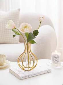 1 chiếc bình hoa ống thẳng trong suốt chân đế sắt vàng, trang trí hoa nhân tạo thủy canh phòng khách sáng tạo, thích hợp cho tiệc cưới ngày lễ, trang trí nhà cửa - Vàng - Xem 9