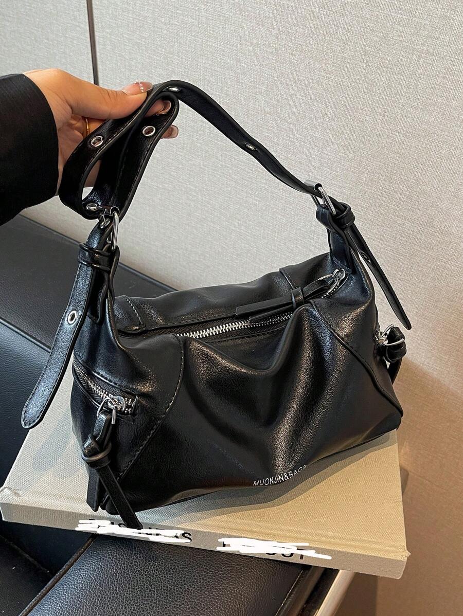 2025 新款时尚女士手提包单肩包小号设计师休闲手提包腋下包，舒适 PU 材质纯色设计拉链开合可调节肩带，容量宽敞，春夏枕头包 - 黑色 - 查看 1