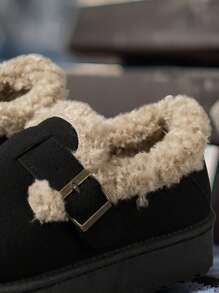 2025新款女雪地靴短靴毛领低帮保暖鞋圆头带扣保暖内衬一脚蹬平底厚底厚底靴大码毛茸茸舒适防滑冬季绒面靴