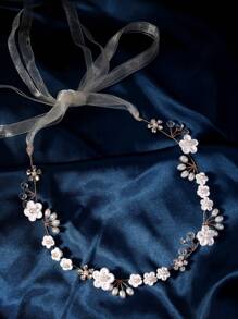 1 pieza Accesorios para el cabello de boda para novias y damas de honor, diadema de novia con vid floral, cristal y perla para niñas y mujeres, accesorios para el Día de San Valentín - Dorado - Ver 5