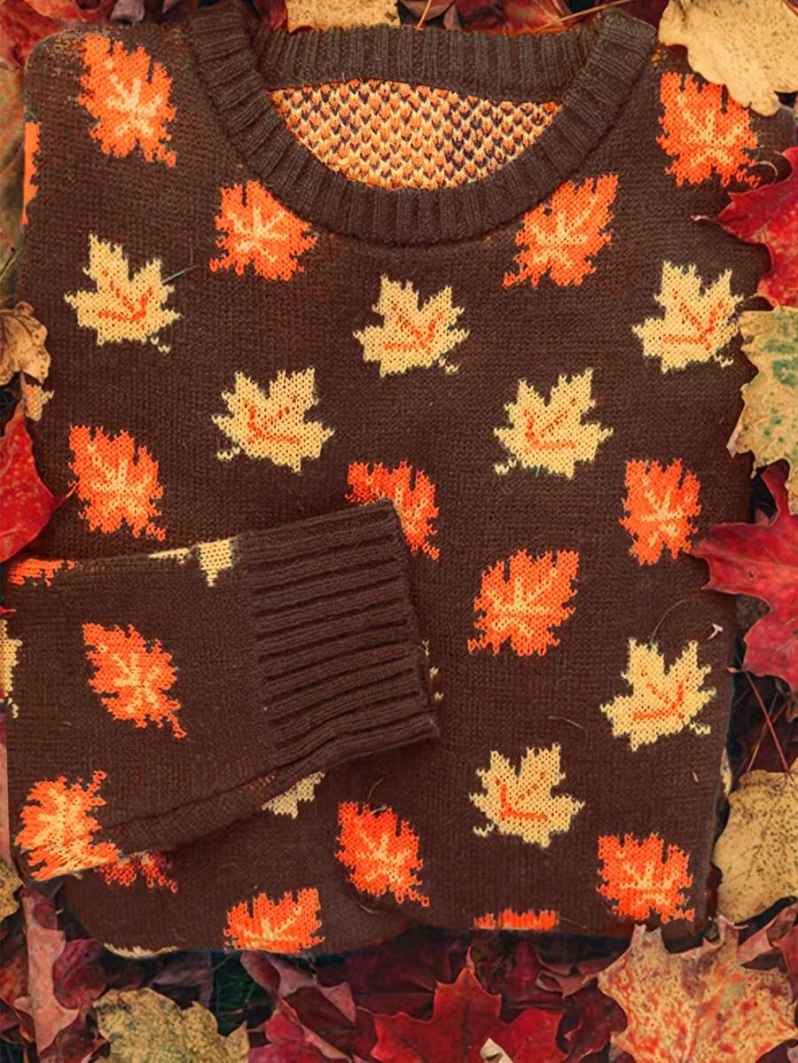 Pull femme mode rétro casual automne et hiver, pull tricoté à col rond avec contraste d'imprimé feuille d'érable jacquard - Marron - Voir 1