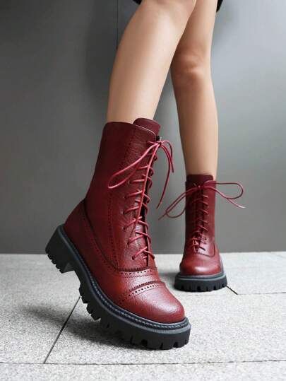 Herbst/Winter Burgunderrote Schnürstiefeletten, Retro Amerikanischer Stil Brogue Lässig Mittlerer Absatz Weiche Sohle Bequeme Damenstiefel