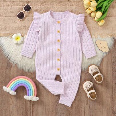 Infant Princess Style Lavender Knitted Romper, Cap Sleeve Lace Design, Simple All-In-One Outfit, Sweet And Adorable, New Winter Clothing Option For Babies To Exude Sweetness