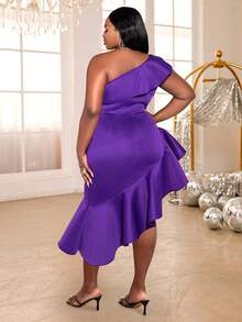 大碼單肩荷葉邊不對稱下擺洋裝 - 紫羅蘭色 - 查看 2