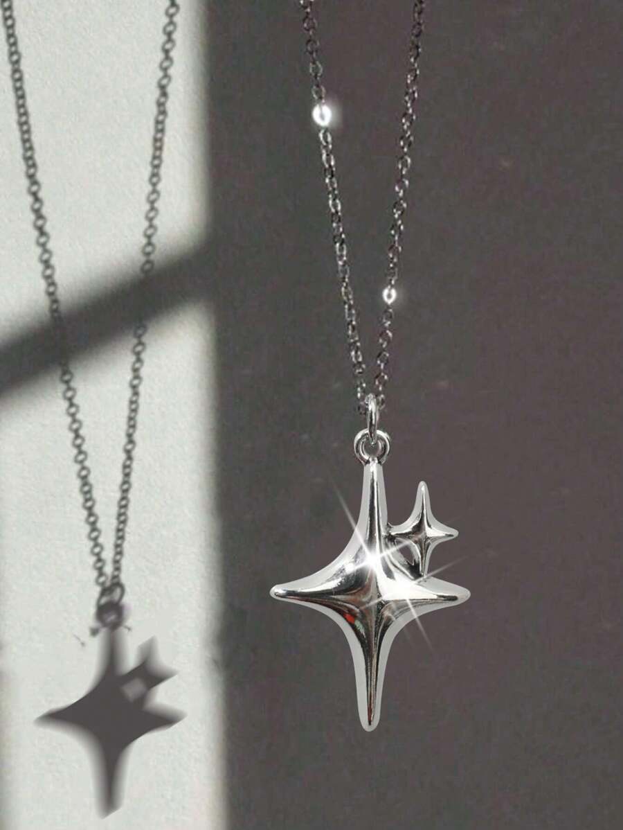Vintage Gothic Chic New Y2K Baddie Cross Double Star Necklace, Hiphop Women Sweater Chain, Minimalist Star Necklace
