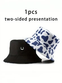 1pc Printed  Double-Sided Bucket Hat, Outdoor Sun Protection Cap For Boys Girls Spring Autumn Travel Beach Vacation