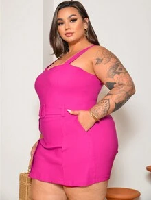 WOMEN'S PLUS SIZE SET, SHORTS, SKIRT AND CROPPED BENGALINE NECKLINE, HIGH ELASTICITY - Màu Hồng Tươi - Xem 3