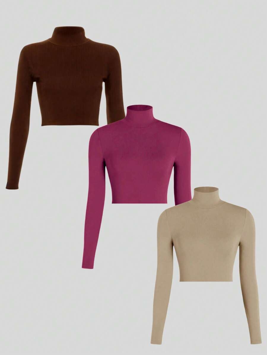 Kit 3 Ribbed Cropped Tops High Neck Long Sleeve Women's Fashion Elegant Foreign Woman - Brown, Wine and Nude - View 1