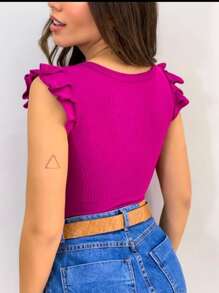 Women's Sunflower Ribbed Blouse With Round Sleeves And Ruffles Fashion Blogger - Morado - Ver 2