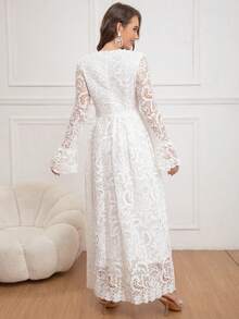 Eilly Bazar 女士 V 领泡泡袖长款蕾丝连衣裙，优雅腰部修身连衣裙