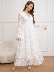 Eilly Bazar 女士 V 领泡泡袖长款蕾丝连衣裙，优雅腰部修身连衣裙