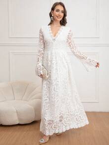 Eilly Bazar 女士 V 领泡泡袖长款蕾丝连衣裙，优雅腰部修身连衣裙