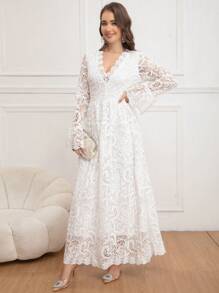 Eilly Bazar 女士 V 领泡泡袖长款蕾丝连衣裙，优雅腰部修身连衣裙