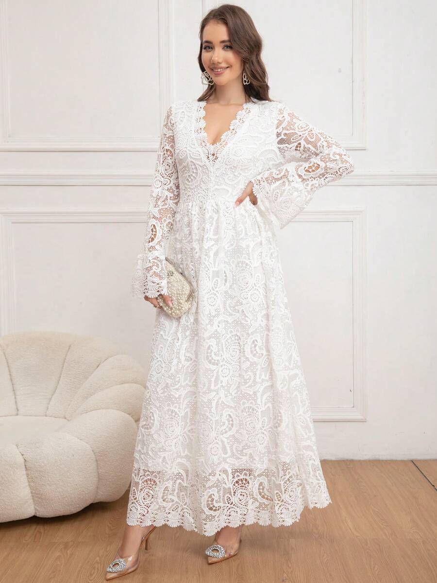 Eilly Bazar 女士 V 领泡泡袖长款蕾丝连衣裙，优雅腰部修身连衣裙