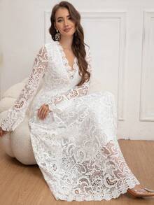 Eilly Bazar 女士 V 领泡泡袖长款蕾丝连衣裙，优雅腰部修身连衣裙