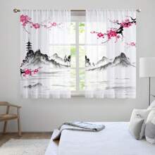 2 panele Plum Blossom Watercolor Landscape Sheer Curtain, półprzezroczyste z kieszenią na drążek, odpowiednie do kuchni, salonu, biura, sypialni, wystroju domu, do użytku przez cały rok