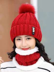 1 件-2 件套冬季颈部保暖器和针织帽套装，加厚毛绒防风防寒休闲保暖帽颈围巾 - 酒紅色 - 查看 5