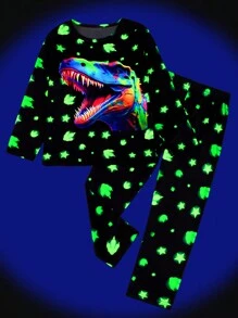 2pcs Young Boy Glow In The Dark Dinosaur & Star Pattern Pajama Set, Winter - Multicolor - View 1