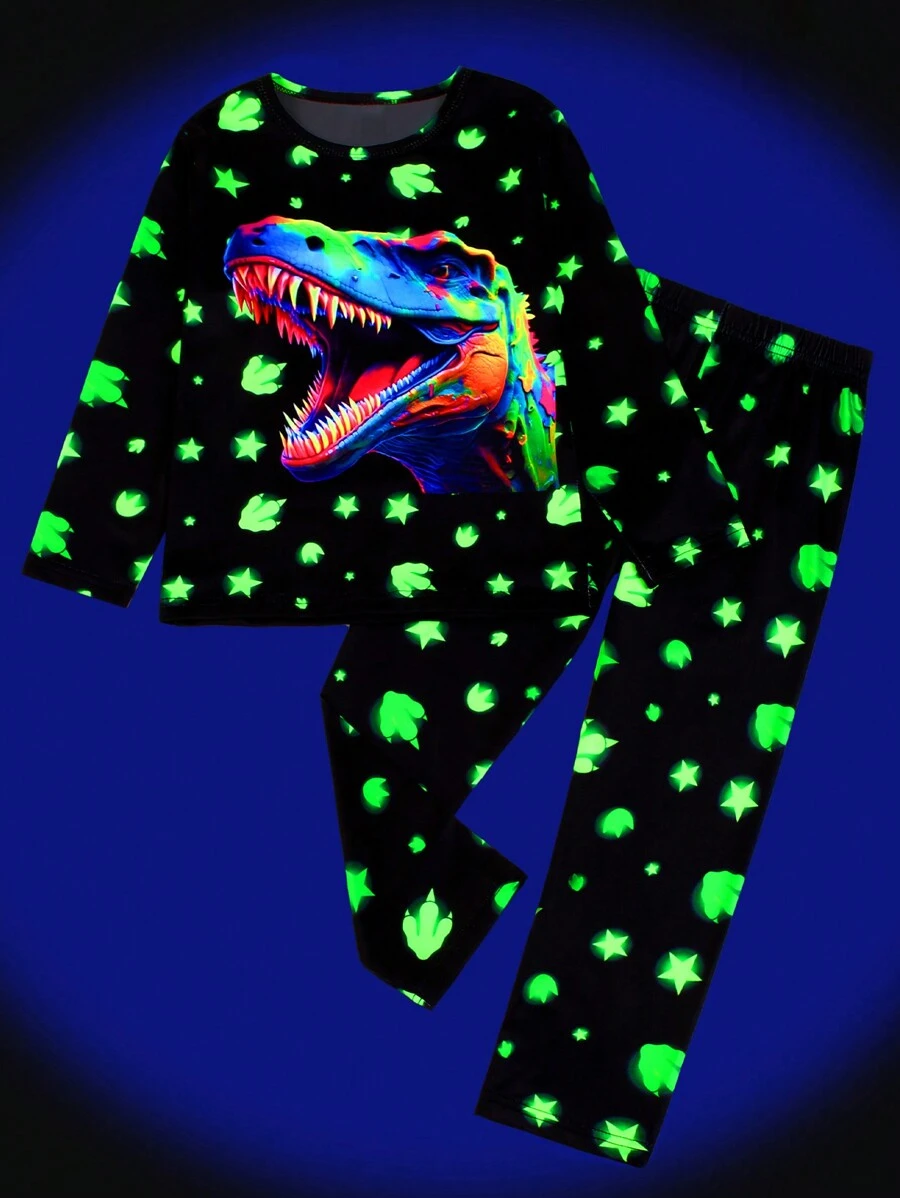 2pcs Young Boy Glow In The Dark Dinosaur & Star Pattern Pajama Set, Winter - Multicolor - View 1