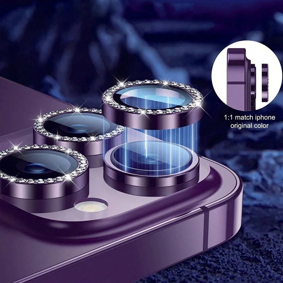 Protetor de Lente de Câmera em Vidro Temperado 9H com Anel Decorativo de Metal Brilhante (Roxo Cristal) Compatível com iPhone 11-15 Pro Max, Presente Ideal para Família e Amigos, Cristal Brilhante, Protetor de Lente, Acessórios para Celular, Proteção Completa Contra Água, Choques, Quedas, Arranhões e Impressões Digitais