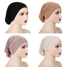 4 pièces/set Bonnet de voile de couleur unie respirant et élastique, turban, bonnet de cheveux, tour de tête pour abaya, vêtements voilés pour un usage quotidien