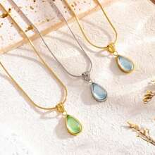 Necklace French Light Luxury Transparent Green Water Drop Blue Ocean Titanium Steel Necklace Jewelry Female Retro Mermaid Tears Clavicle Chain - 查看 2