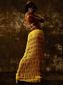 雪纺多层褶皱蕾丝边露背吊带长裙套装，浪漫优雅波西米亚风两件套，适合派对、婚礼等场合