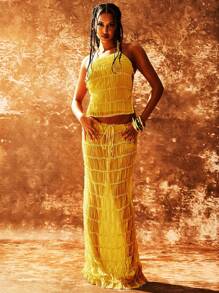 DECODE DIVA Chiffon Ruffle Lace Trim Halter Backless Top & Maxi Skirt,Two Pieces Dress Set,Romantic Elegance Two Pieces Outfit ,Back To School,Casual Outfit,For Beach Vacation,Spring&Hot Summer&Fall Autumn Season - 黃色 - 查看 6