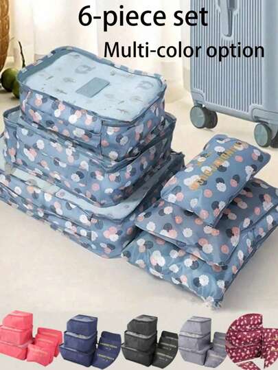 6pcs/Set Travel Organizer Bags: Makeup Bag, Toiletry Bag, Multi-Purpose Organizer, Luggage Bag, Travel Toiletry Bag, Waterproof Toiletry Bag, Shoe Bag, Packing Cubes. Suitable For Lipstick, Lip Liner, Makeup Brushes, Eyeshadow Palette, Underwear, Toothpaste, Toothbrush, Cosmetics, Skincare, Eyebrow Pencil, Makeup Sponge, Comb, Nail Polish, Jewelry, Perfume, Stationery, And Electronics. Summer Holiday Bathroom Decor Makeup Organizer Bathroom Accessories Back To School