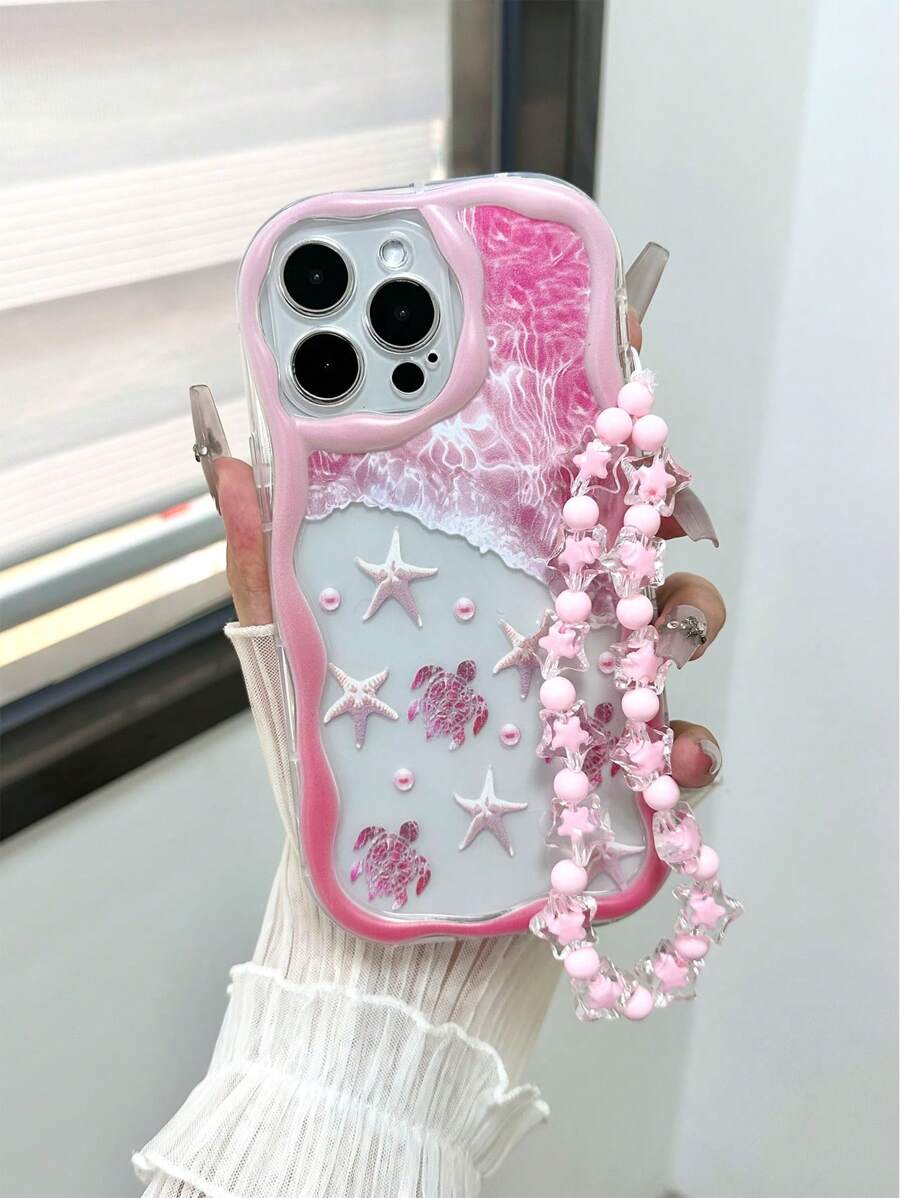 Summer Turtle Cream Textured Wavy Edge Painted Non-Slip Phone Case With Handmade Beaded Bracelet, Compatible With IPhone XR/7/8, IPhone 15 ProMax, IPhone 13, IPhone 14, IPhone 11, Soft Case, TPU Anti-Drop Phone Cover, Compatible With Galaxy S24, Galaxy S24+, Galaxy S24 Ultra, Galaxy S22, Galaxy A13 4G, Galaxy A52, Galaxy A52s 5G, Galaxy A23, Galaxy A35, Galaxy A25, Galaxy A73, Redmi Note 11, Redmi Note 11 Lite