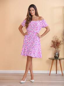 Women's Short Off-The-Shoulder Dress With Floral Print - 淺粉色 - 查看 6