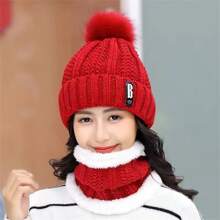Winter Korean Style Knitted Beanie Hat & Scarf 2 Pieces Set, Thermal Lined, Windproof, For Women, Mom, Cycling - A - View 7