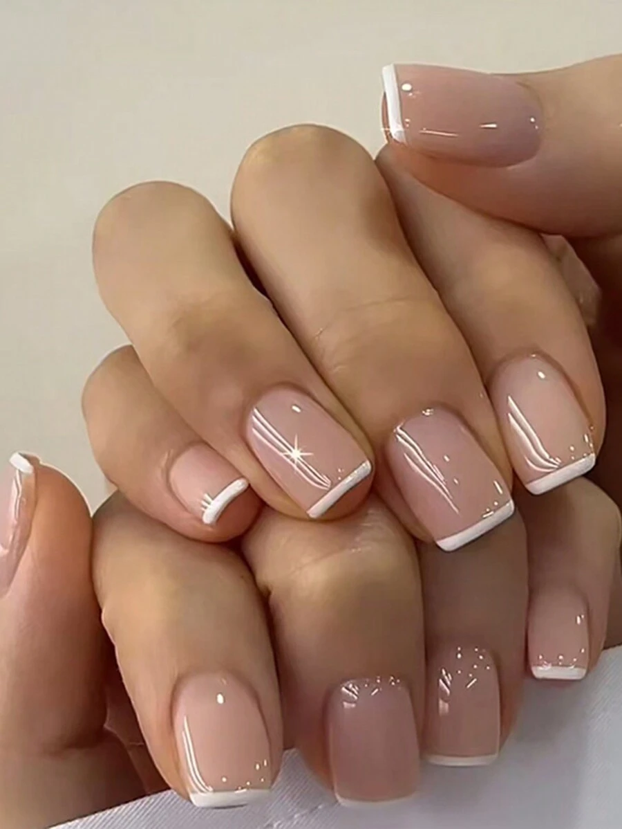 24pcs French White Bordered Solid Color Short Square Nail Stickers, Includes 1 Bottle Of Nail Glue And 1 Nail File, Suitable For Women For Daily Life Or Shopping Nails Nail Supplies - Multicolor - View 1