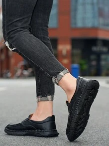 Luxury Men Leather Penny Loafers, Casual Straw Woven-Style Slip-On Flat Shoes With Convenient Elastic Band, Formal Shoes For Daily Wear, Wedding, Banquet, Office, Business Occasions In Spring And Autumn - Black - View 3