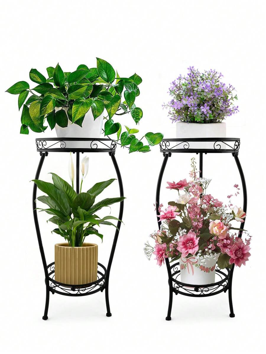 1 Pack Plant Stand Indoor Outdoor, 2 Tier Tall Black Metal Rustproof Stable Plant Stands, Multiple Plant Sturdy Rack Holder Rack Flower Pot Stand Heavy Duty Plant Round Shelf. - 黑色 - 查看 1