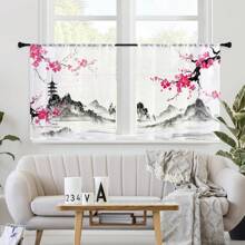 2 panele Plum Blossom Watercolor Landscape Sheer Curtain, półprzezroczyste z kieszenią na drążek, odpowiednie do kuchni, salonu, biura, sypialni, wystroju domu, do użytku przez cały rok