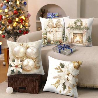 ปลอกหมอนสีขาวคริสต์มาสพร้อมกล่องของขวัญ ลูกบอลคริสต์มาส ปล่องไฟ และดอกไม้ หมอนอิงตกแต่งคริสต์มาสสีทองนุ่มนวลทำความสะอาดได้ตกแต่งห้องนั่งเล่น โซฟา เตียง